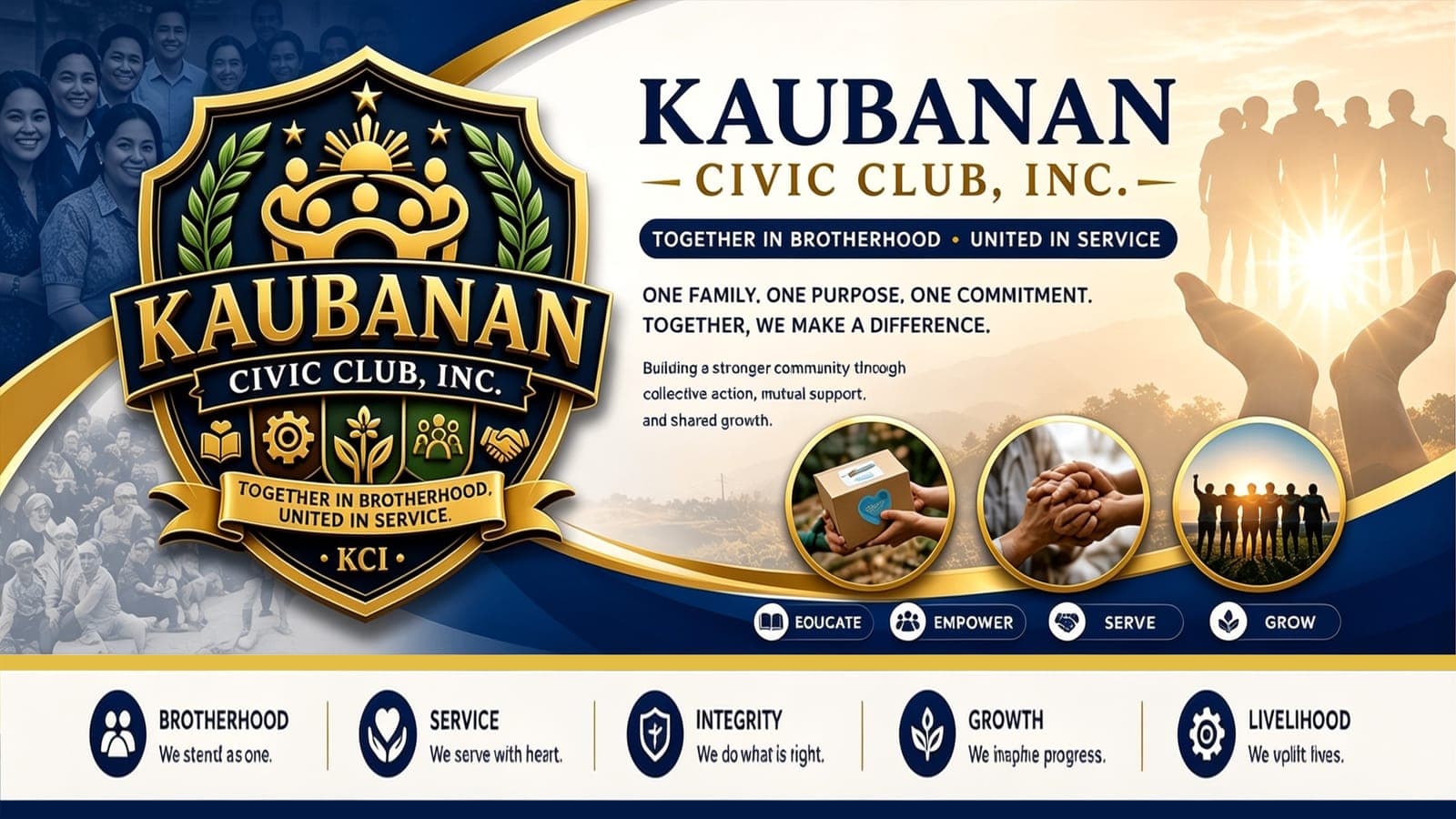 Kaubanan Civic Club, Inc. banner — "Together in Brotherhood, United in Service." One family, one purpose, one commitment, carrying the values of brotherhood, service, integrity, growth, and livelihood.