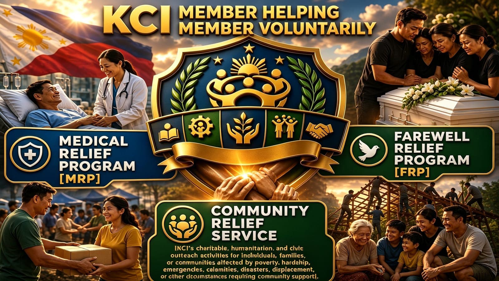 KCI — member helping member voluntarily. The three relief programmes side by side: Medical Relief, Farewell Relief, and Community Relief Assistance for communities facing hardship or calamity.