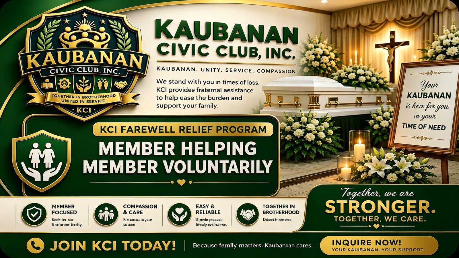 KCI Farewell Relief Program flyer — a funeral chapel with a white casket and flowers, beside KCI's promise to stand with the family.