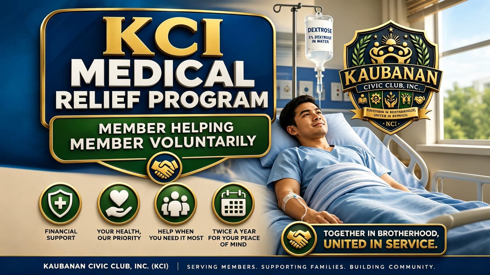 KCI Medical Relief Program flyer — a member recovering in a hospital bed, beside the programme's promise of financial support when it is needed most.